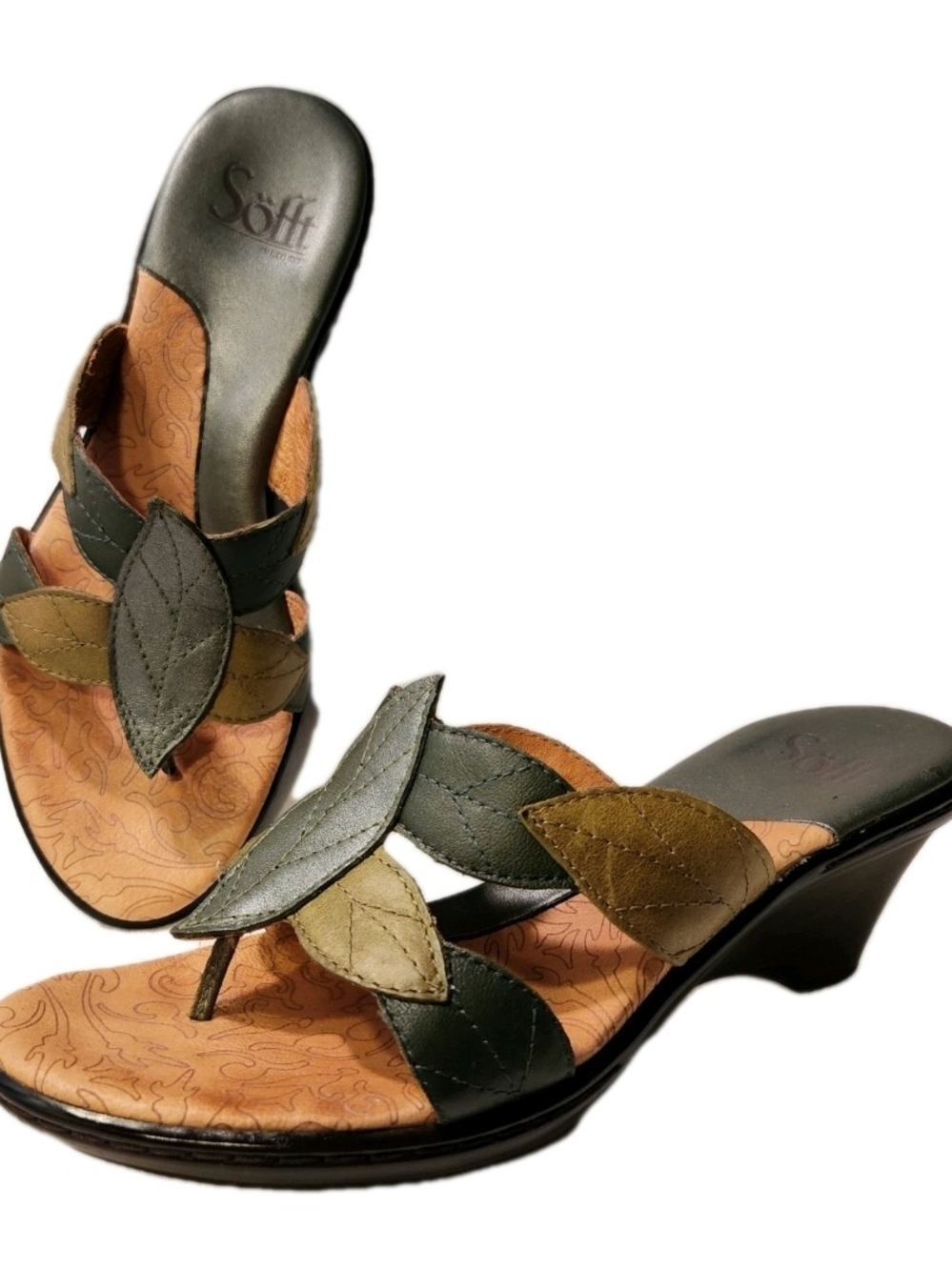 Sofft Size 6.5 Leather Olive and Khaki Leaf-Trim Wedge Sandals Boho Summer Chic